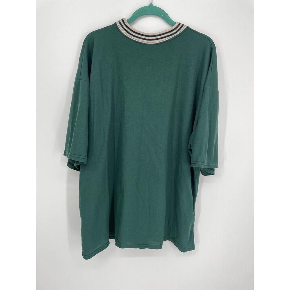 Vintage 90s DKNY Jeans Green Cream Chest Logo Graphic Print Ringer T-Shirt USA - Picture 3 of 10